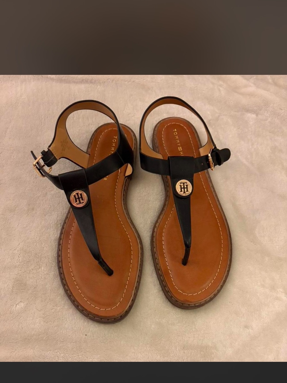 Tommy Hilfiger Black and Brown T-Strap Logo Sandals